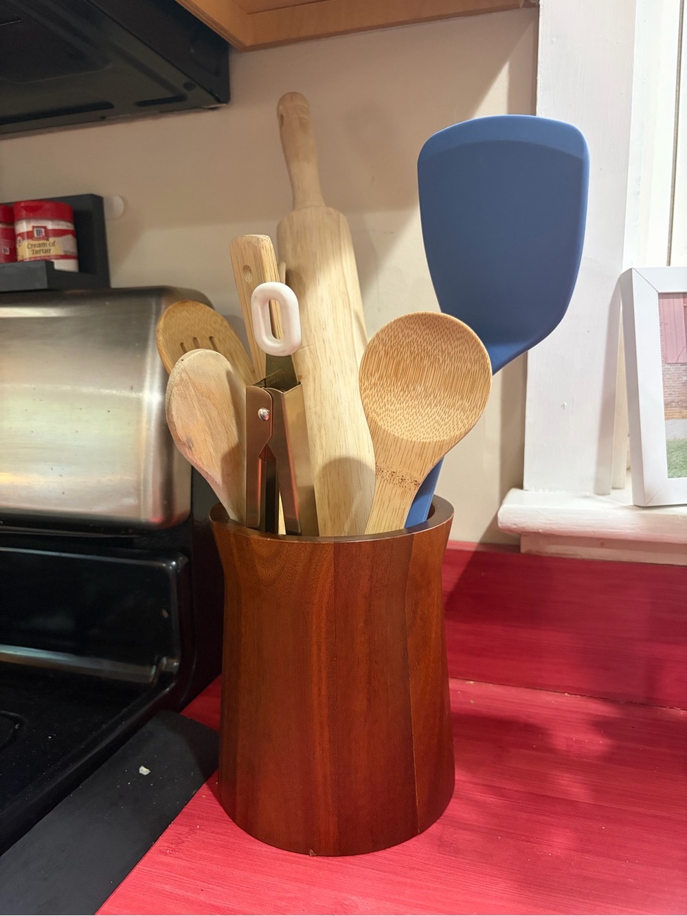 Crate&Barrel Wooden Utensil Crock with Blue Silicone Spatula and Bamboo Tools